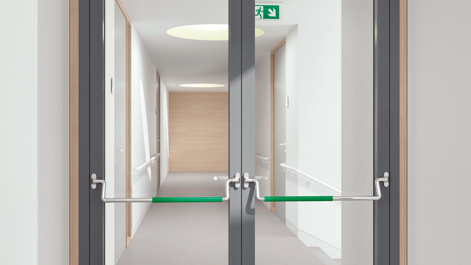 Barre anti-panique HEWI acier inoxydable mat Porte double en verre équipée de deux barres anti-panique en acier inoxydable avec poignée tubulaire verte en polyamide