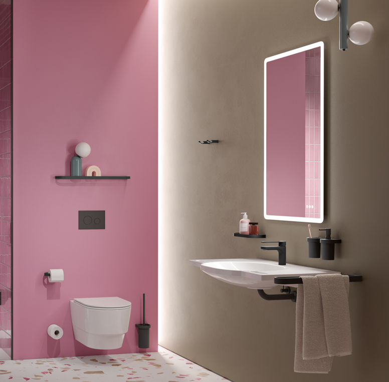 HEWI Système 800 noir mat Salle de bain avec lavabo, espace douche et WC