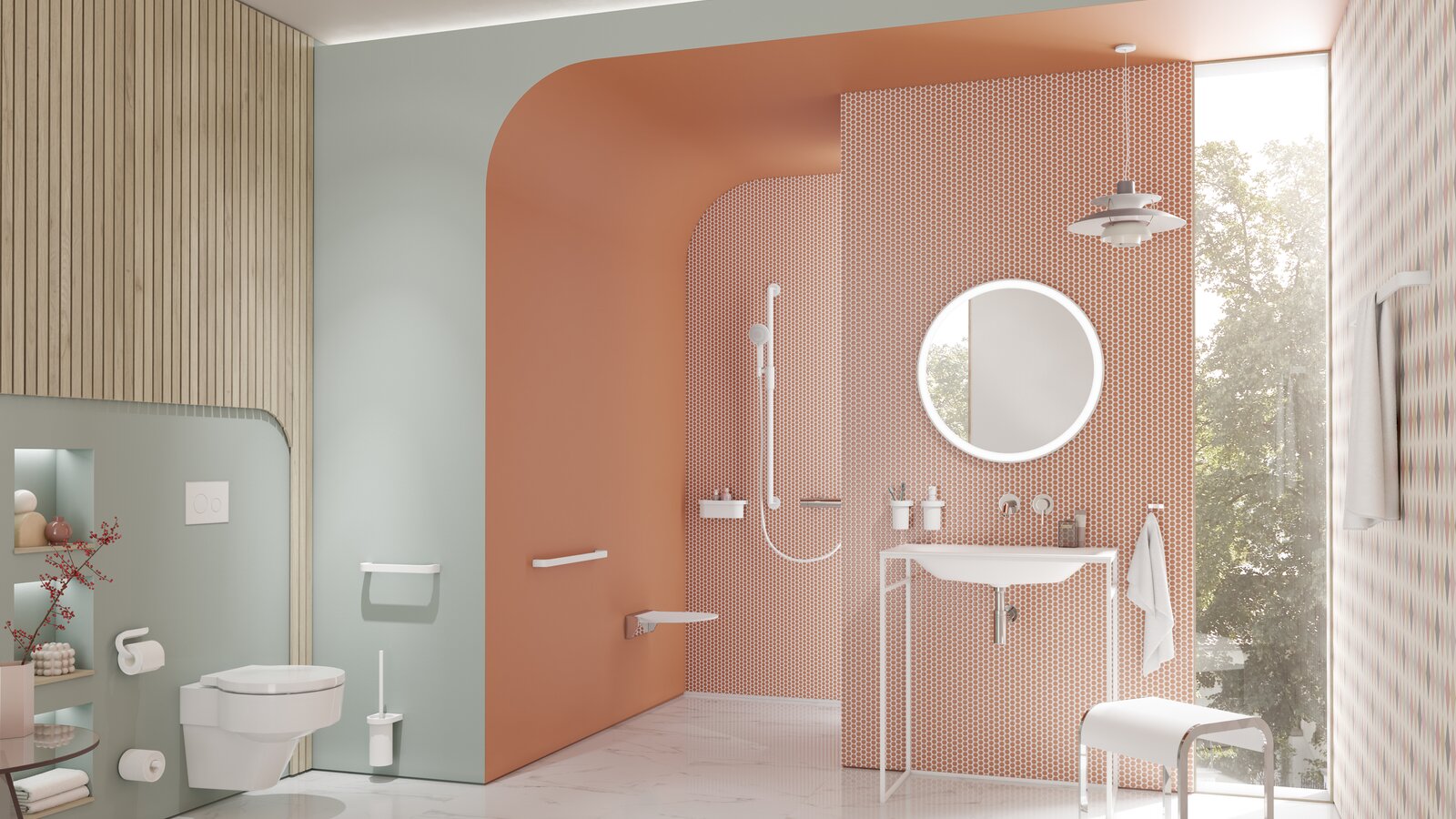HEWI Série 800 revêtu par poudre Salle de bain moderne avec lavabo, espace douche et WC