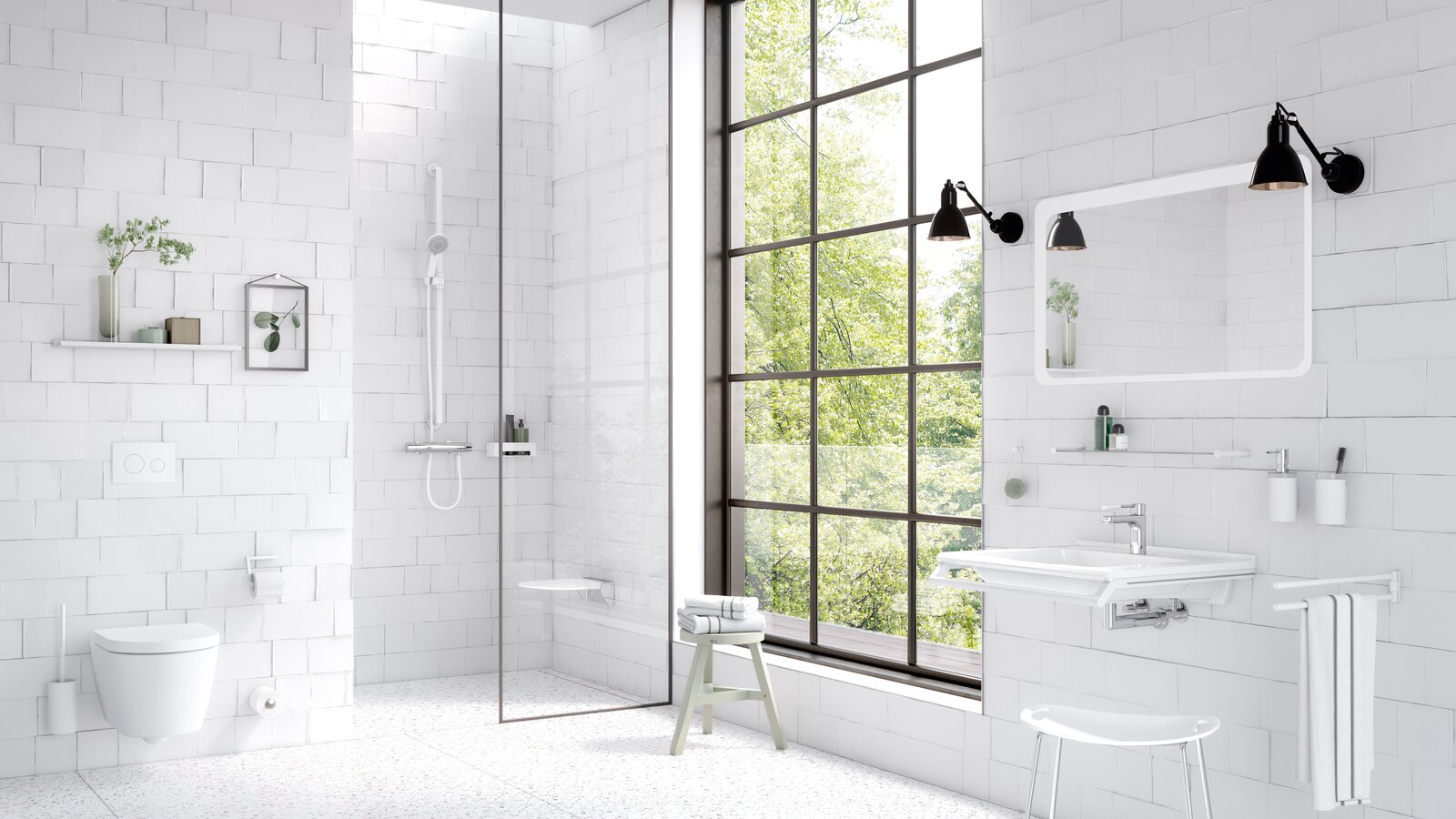 HEWI Série 162 blanc mat Salle de bain, équipée d'accessoires sanitaires tels que porte-serviettes, distributeur de savon, porte-papier toilette en blanc mat