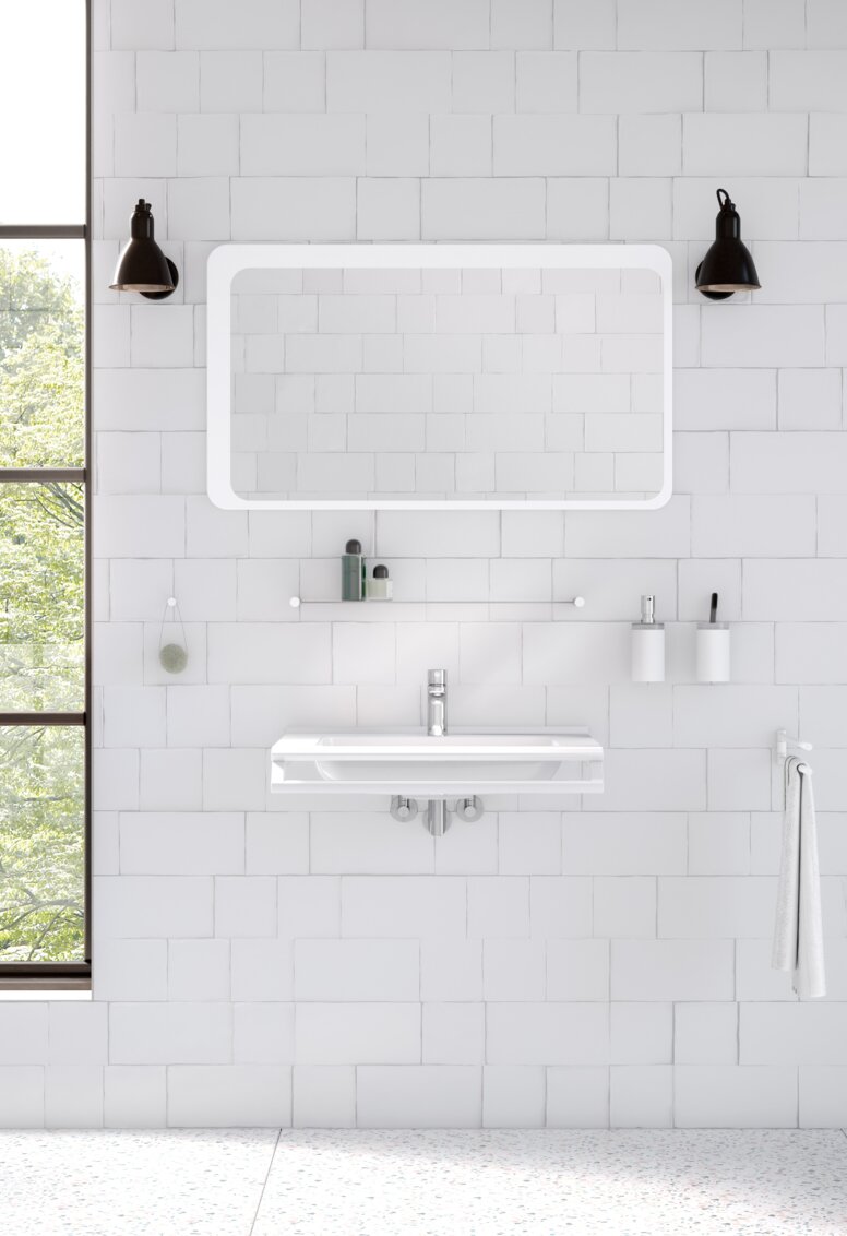 HEWI Système 162 Situation moderne du lavabo avec des accessoires sanitaires blancs mats comme le distributeur de savon, le porte-serviettes et la tablette