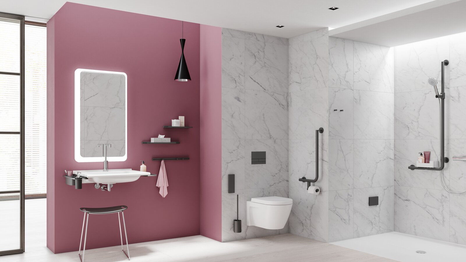 HEWI barrier-free bathroom System 900 Black matt Barrier-free bathroom with washbasin, shower area and WC equipped with accessories in matt black