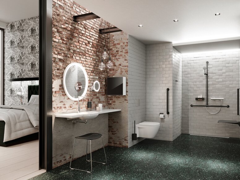 Salle de bains d'hôtel HEWI Système 900 revêtu par poudre Salle de bains d'hôtel accessible avec lavabo, espace douche et WC Système 900 revêtu par poudre