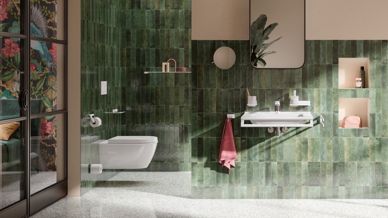 HEWI Système 900 blanc salle de bains avec carrelage vert, zone WC, zone douche et lavabo, équipée d'accessoires sanitaires blancs