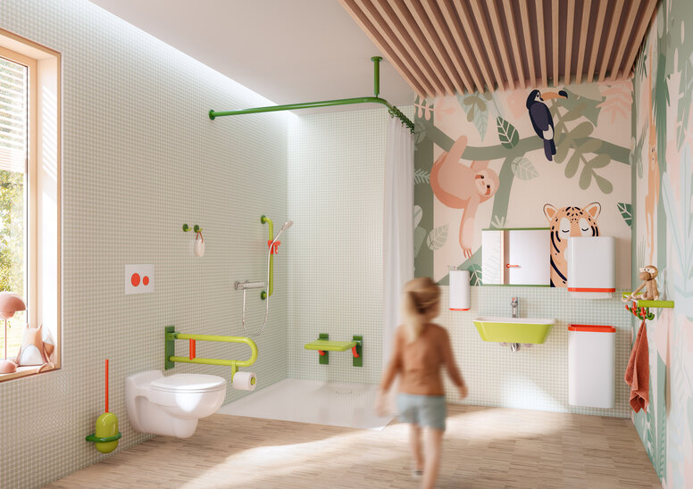HEWI series 477/801 ICONIC Colorful and child-friendly bathroom equipped with sanitary accessories in shades of green, white and coral