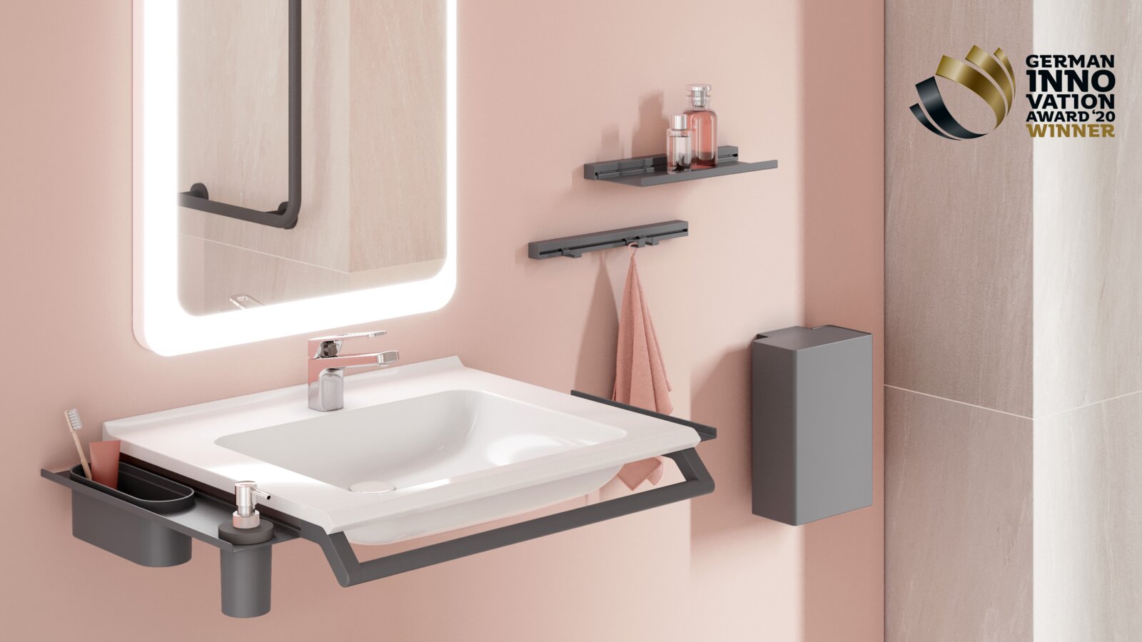HEWI modular washbasin dark grey matt German Innovation Award Modular washbasin with grab rail and shelves for bathroom utensils in dark grey matt stainless steel