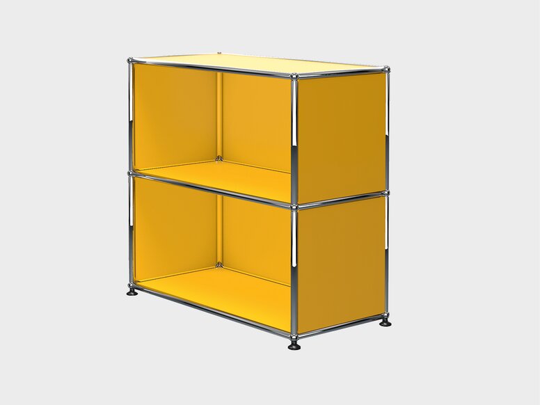 Design original USM Armoire ouverte avec deux compartiments en jaune et structure chromée