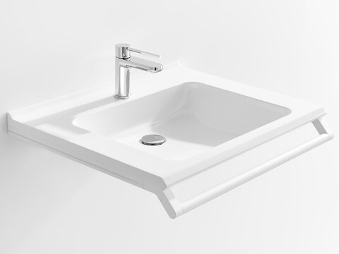 Barrièrevrije wastafel met greeplijst in mat wit roestvrij staal en verchroomde eenhendelkraan met wit polyamide bedieningselement