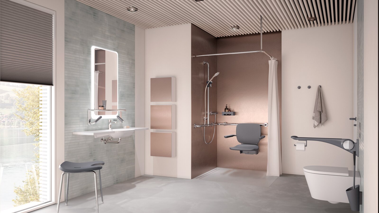 Salle de bains de soins sans barrière Système de levage HEWI anthracite mat Salle de bain de soins sans barrière avec lavabo, espace douche et WC