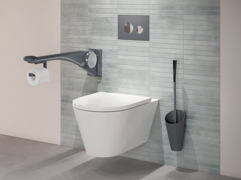 HEWI Barre d'appui pliante LifeSystem Anthracite mat WC équipé d'une barre d'appui rabattable et d'une brosse WC de couleur anthracite mate