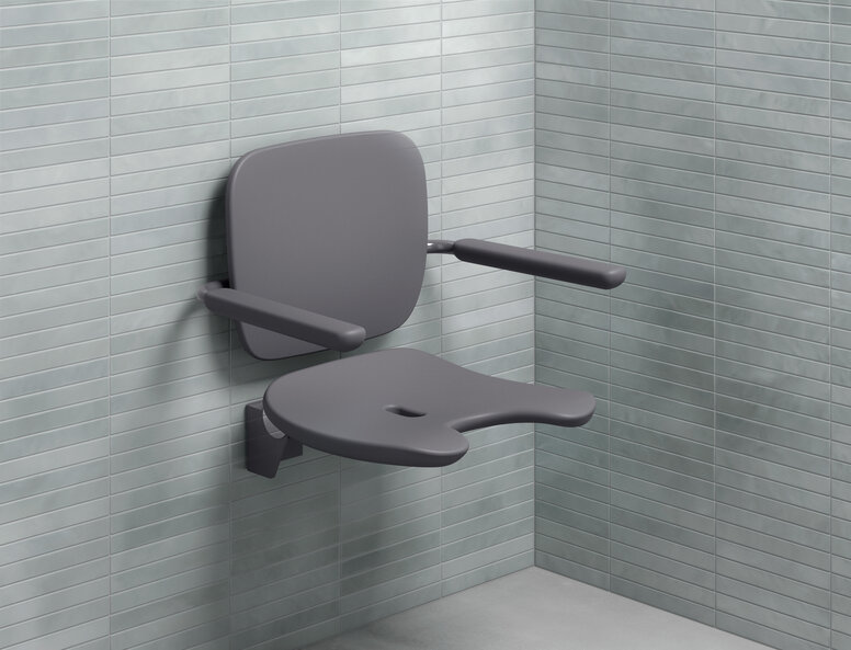 Siège de douche HEWI Anthracite Siège de douche avec dossier et accoudoirs de couleur anthracite en mousse dure