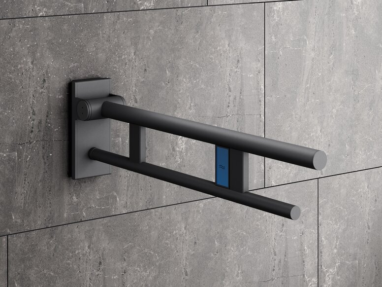 Barre d'appui pliante HEWI Système 900 revêtue par poudre, gris foncé Barre d'appui rabattable avec déclenchement du rinçage dans la couleur gris foncé mat en acier inoxydable