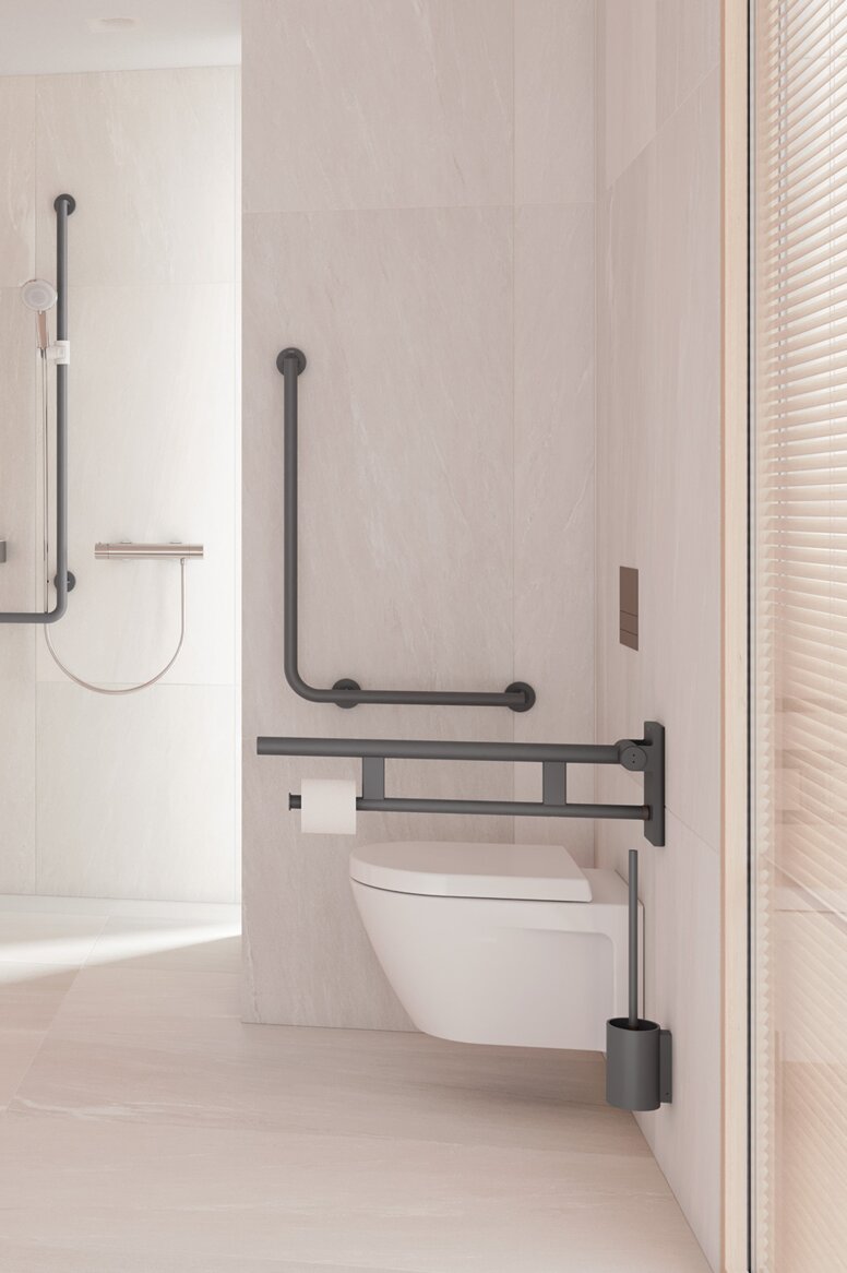 HEWI Série 900 Anthracite mat Salle de bain accessible avec lavabo, espace douche et WC