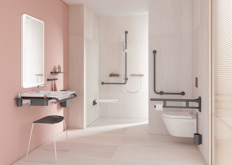HEWI Série 900 Anthracite mat Salle de bain accessible avec lavabo, espace douche et WC