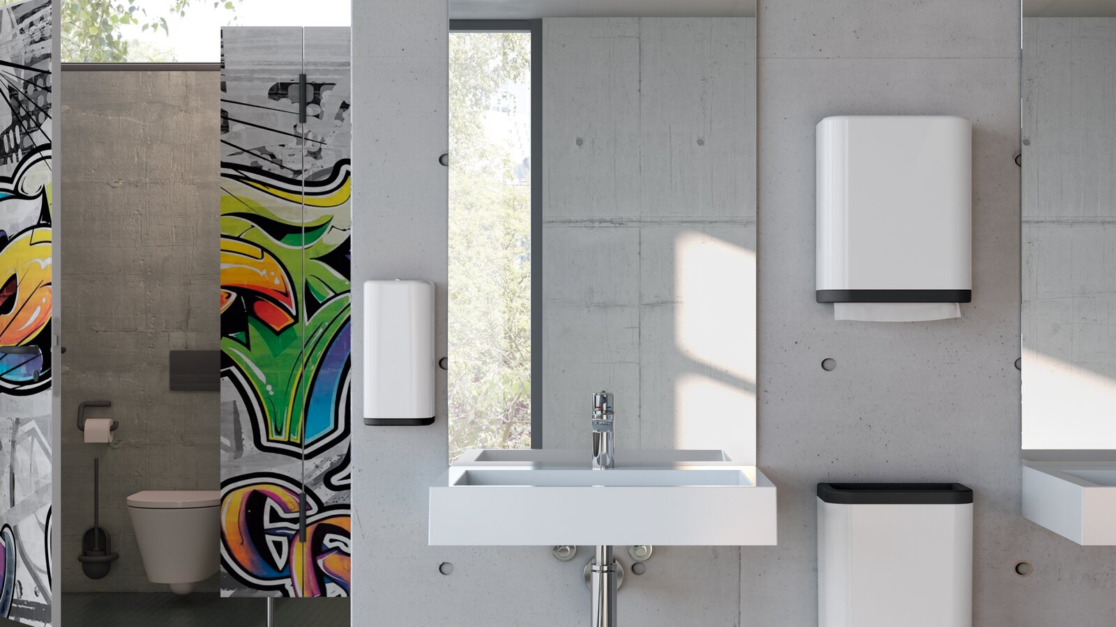 Systèmes de distribution HEWI 477/801 pour l'école Lavabo d'un WC scolaire équipé d'un distributeur de savon et d'essuie-mains en papier blanc de signalisation en polyamide
