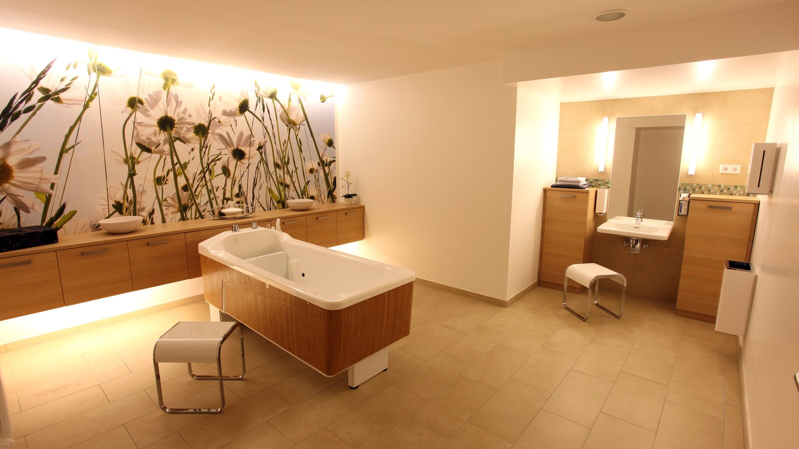 Maison Franz Jordan à Warburg Salle de bain de soins équipée d'un tabouret, d'un distributeur de savon, d'une poubelle hygiénique et d'un distributeur de serviettes en papier selon le système 800