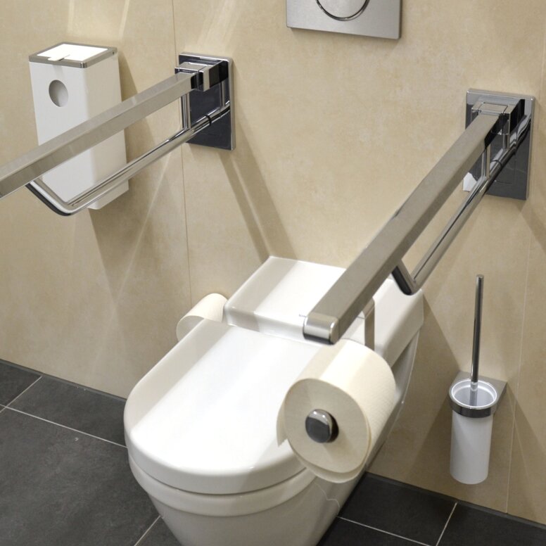 Musée du dessin d'architecture Toilette équipée de poignées d'appui rabattables, d'un ensemble brosse WC et d'une poubelle hygiénique Système 800