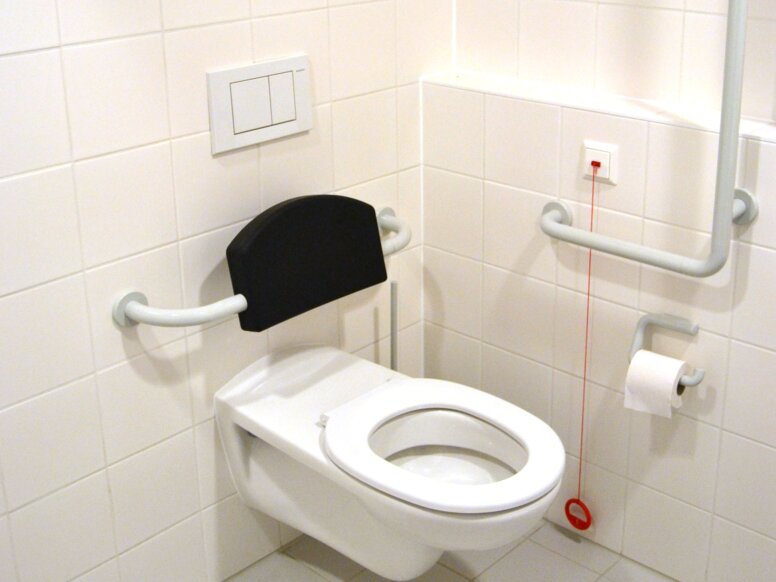 Maison Kolping Vivre ensemble à Vienne Toilette équipée d'un appui-dos, d'une poignée coudée, d'un distributeur de papier toilette et d'un crochet