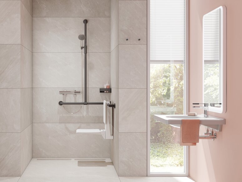 Coulisseau de douche magnétique HEWI Espace douche équipé d'un support de douche magnétique réglable en continu