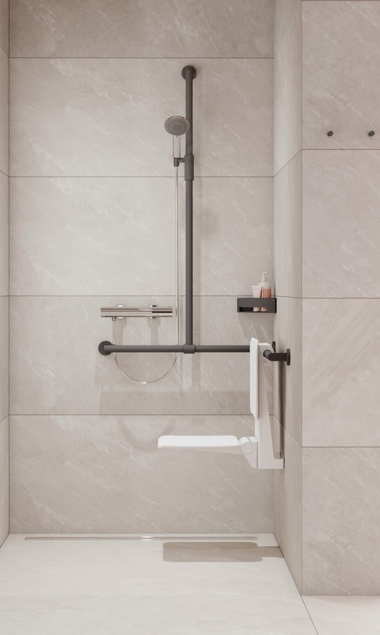 Coulisseau de douche magnétique HEWI Espace douche équipé d'un support de douche magnétique réglable en continu