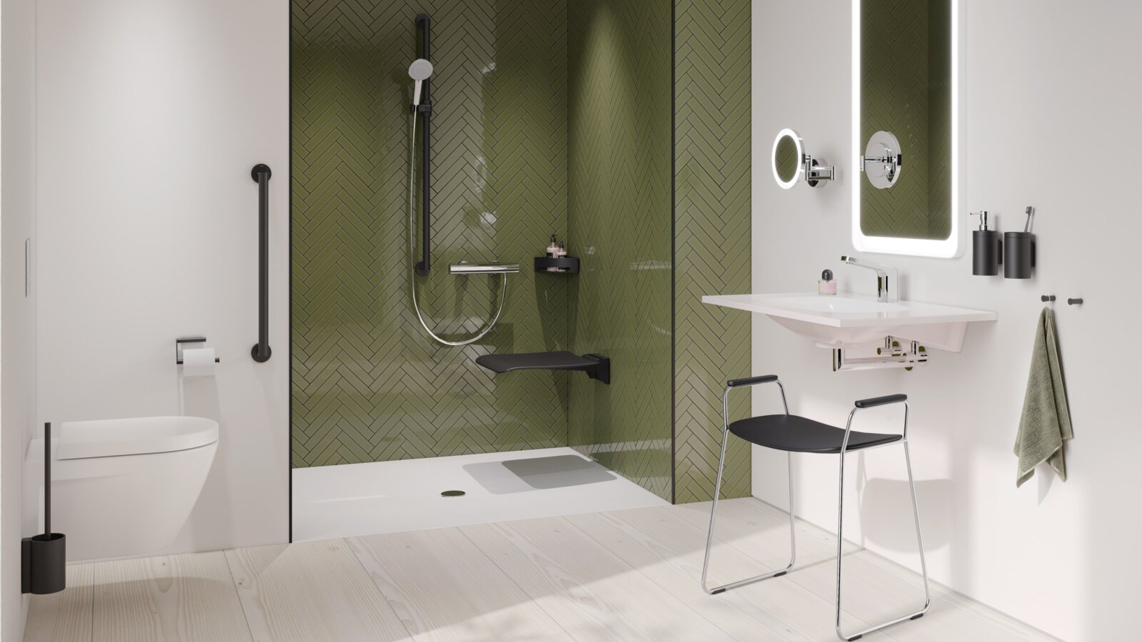 Salle de bain sans obstacle HEWI Système 900 Noir mat Salle de bain accessible avec lavabo, espace douche et WC