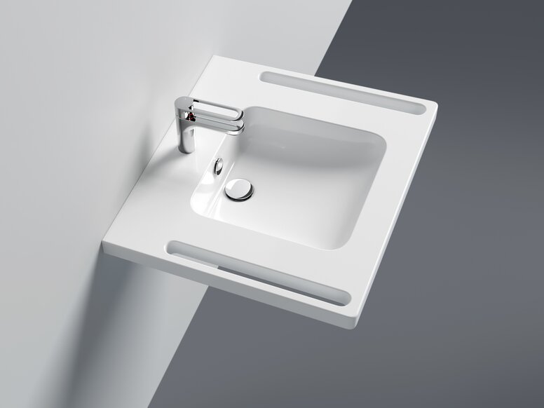 HEWI lavabo trop-plein avec poignées lavabo avec trop-plein, poignées intégrées sur le côté et robinetterie monocommande en chrome