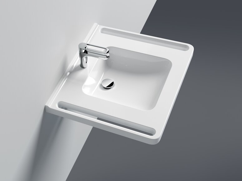 Lavabo HEWI avec poignées lavabo avec poignées latérales intégrées et robinetterie monocommande en chrome