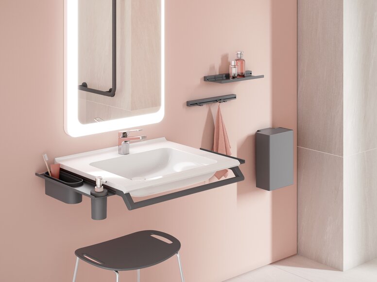Lavabo modulaire HEWI Plan de toilette modulaire et tabouret en anthracite mat